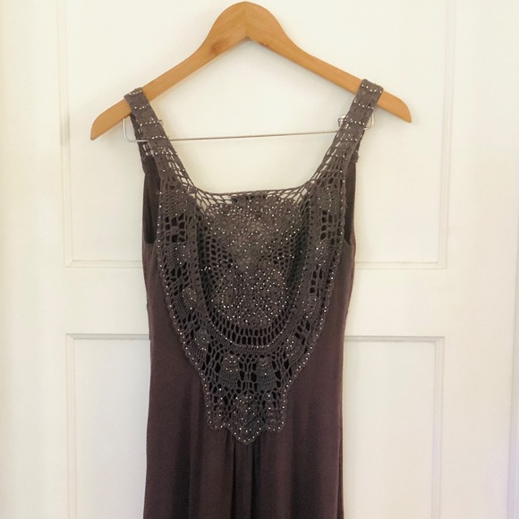 Gonca Style Dress Crochet Back Beaded Knit Jersey Gray One Size Empire Waist - Picture 8 of 10